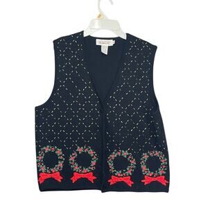 VTG Talbot’s Christmas Sweater Vest 100 Wool Vneck Embellished Black Red Gold S
